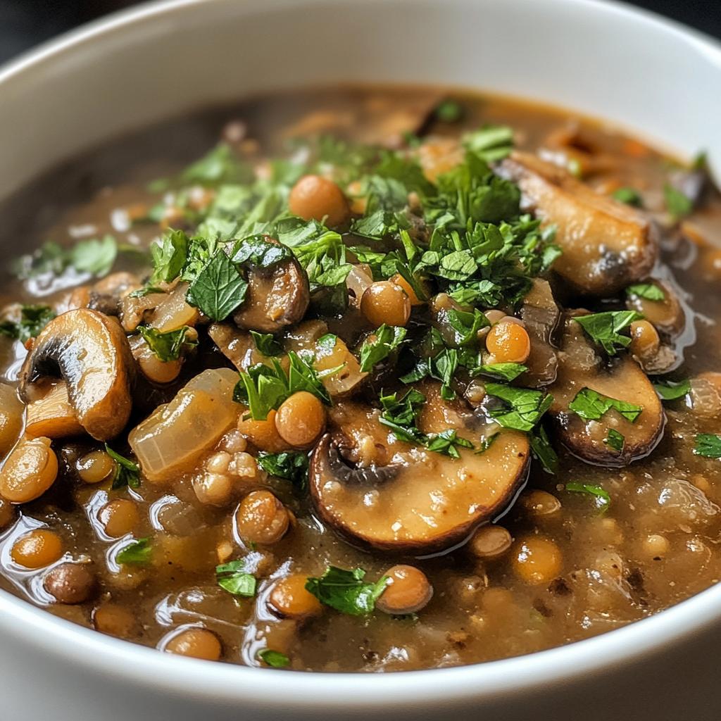 vegan lentil mushroom stew - detail 1